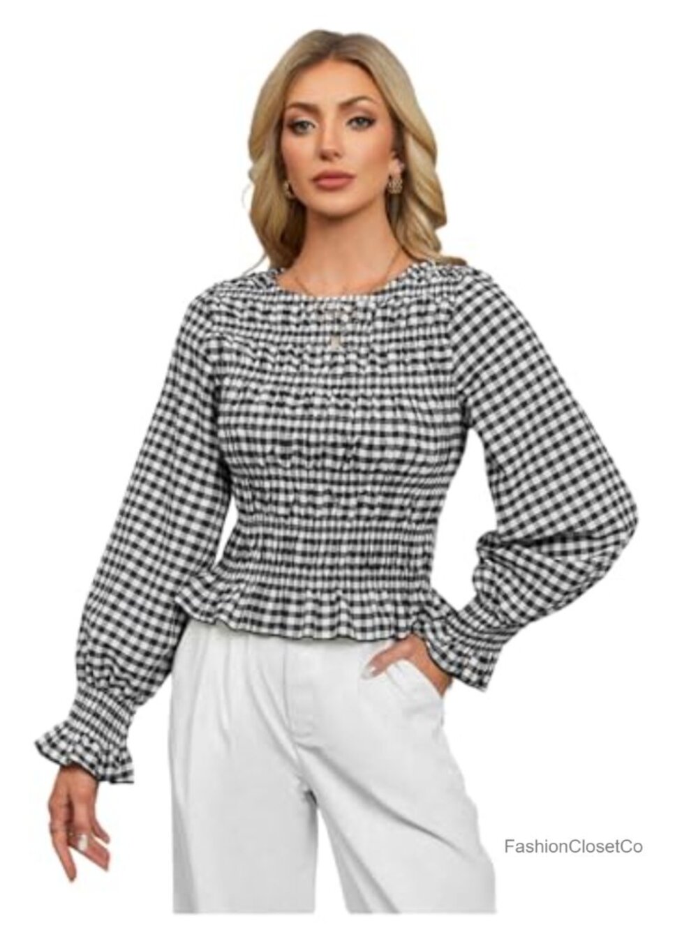 Gingham Peplum Blouse Long Sleeve Ruffle Trim Lantern Sleeve Dressy Casual Top